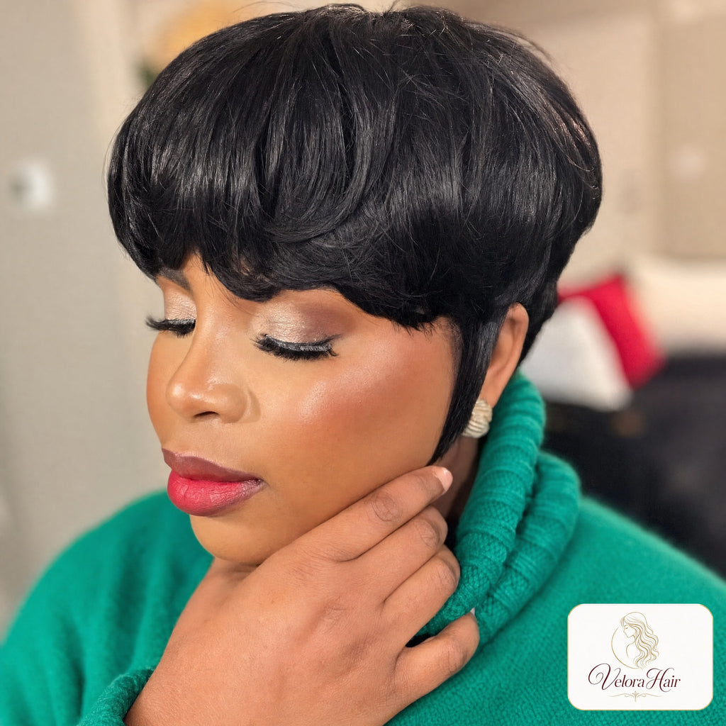 Showrealhair Textured Cut Pixie Wig - Versatile Short Layered Human Hair Wig for Black Women, Ideal for Work, Parties, or Casual Wear